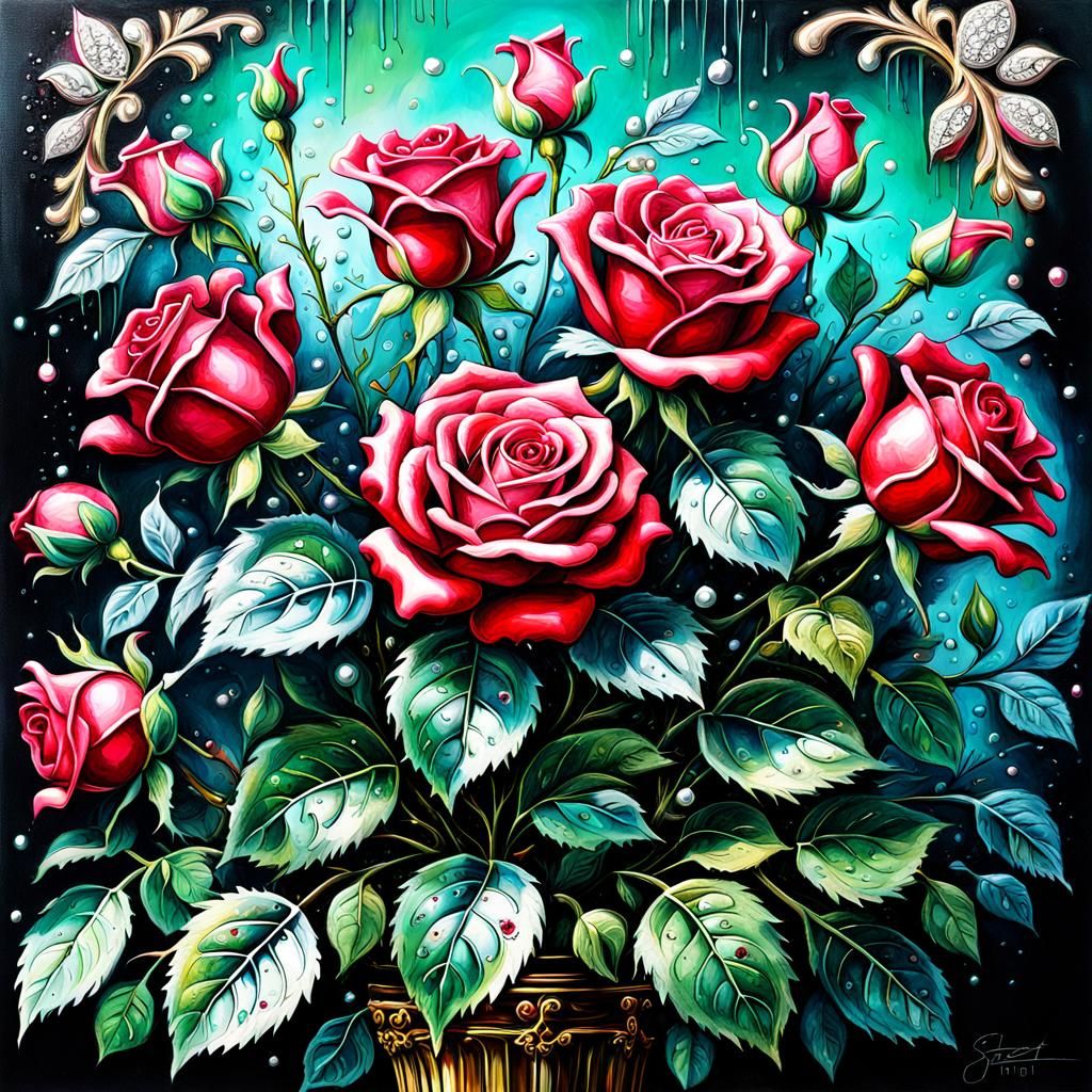 Baroque Ruby Roses in Ultra Detailed Graffiti Art