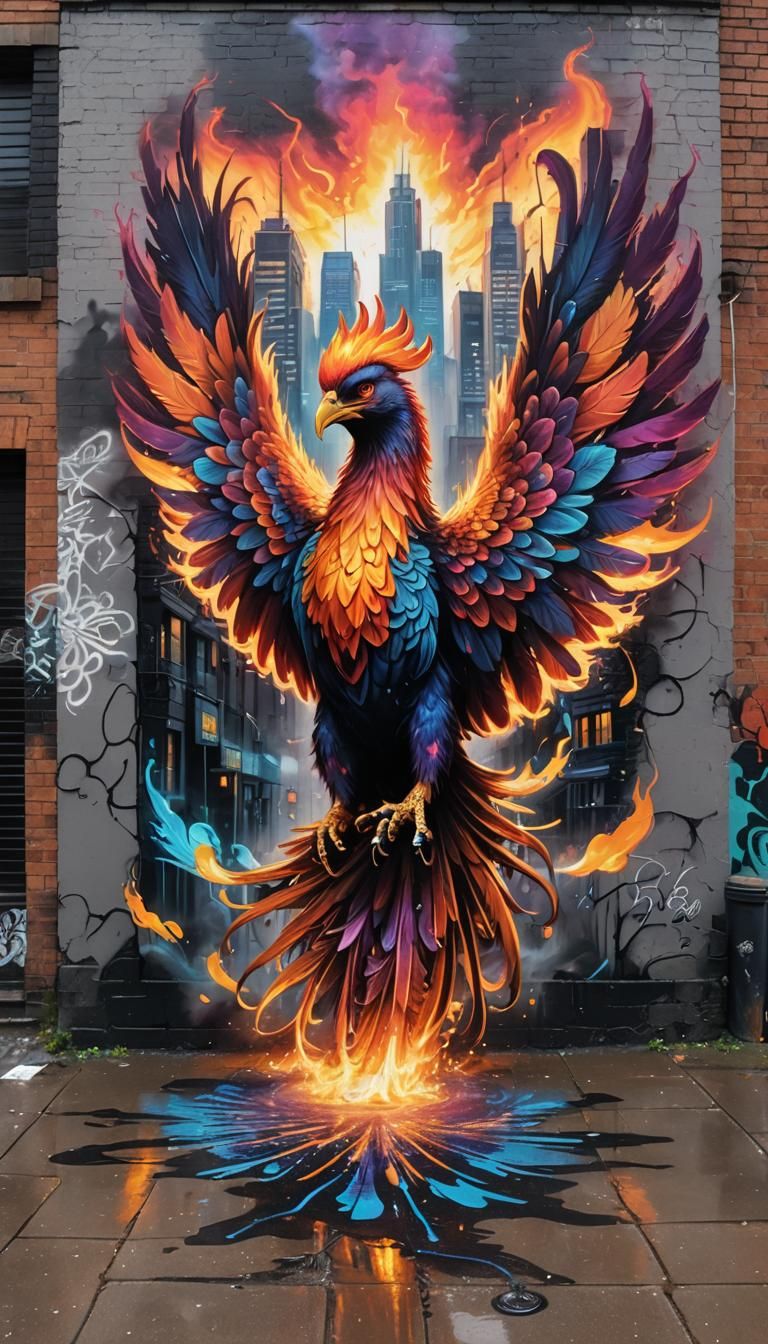 Majestic Phoenix Graffiti Mural in Neon Colors