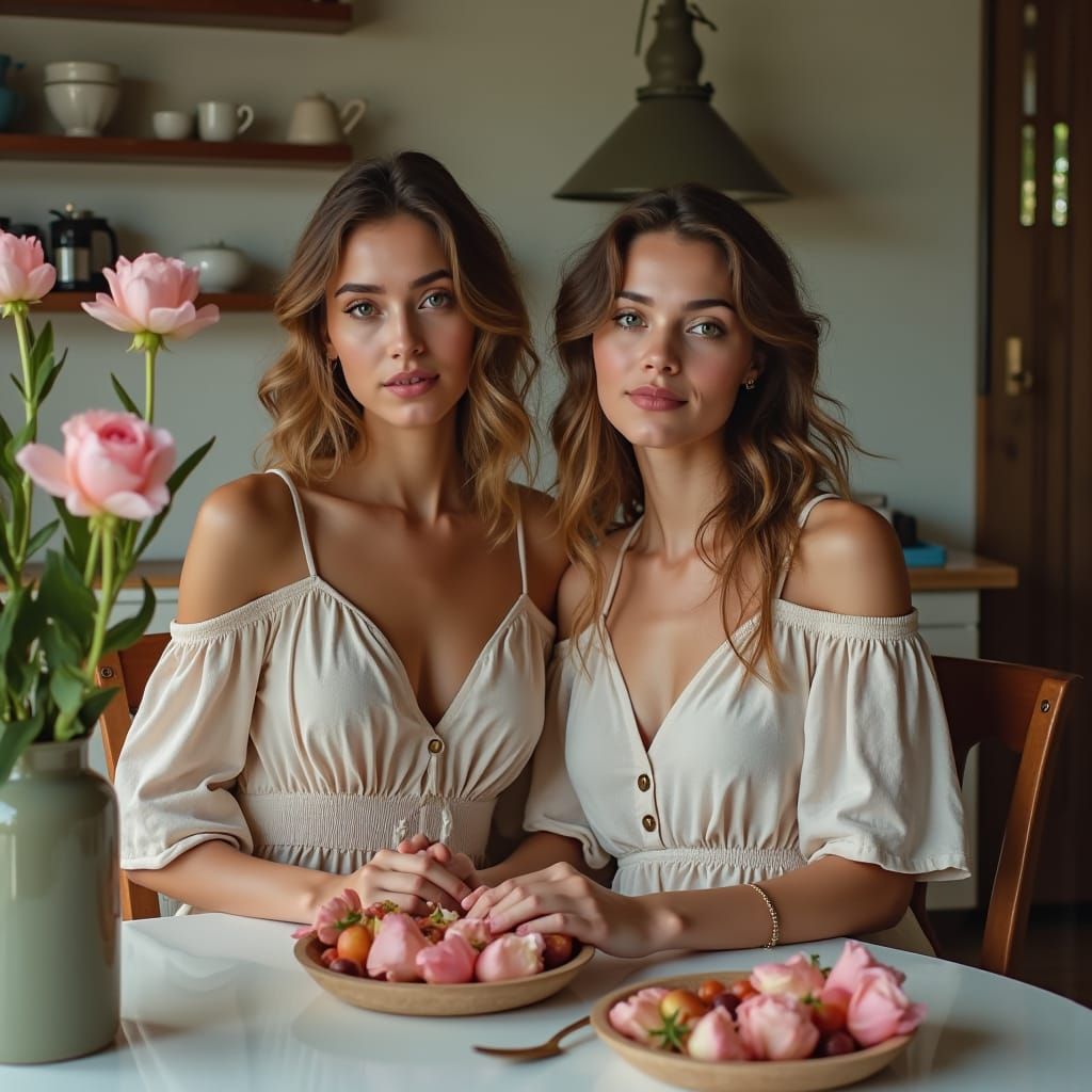 Hyperrealistic Girls Chatting in Cozy Kitchen