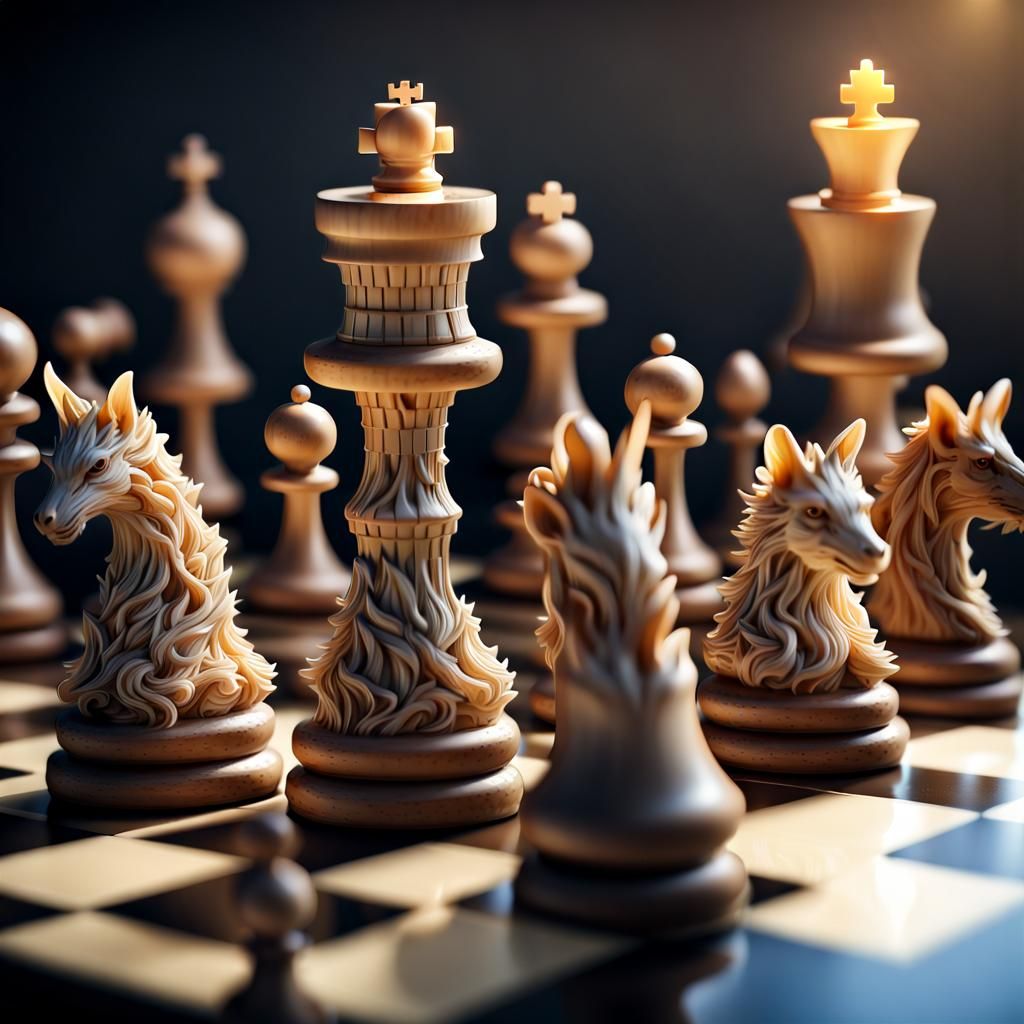 realistic, fairy-tale world on a chessboard, chess pieces in the form of animals pixel study, high detail, lots of detai...