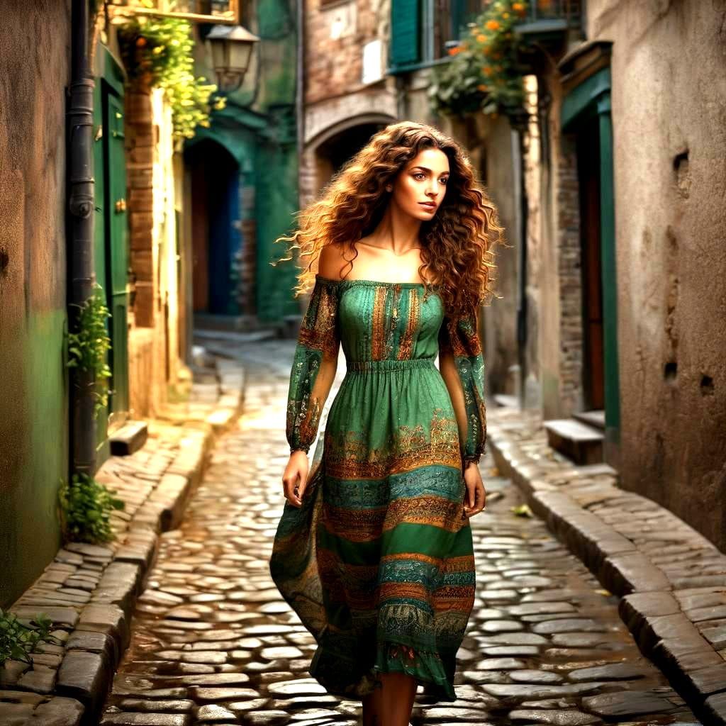A beautiful young Italian woman walking down a cobbled lane in Italy