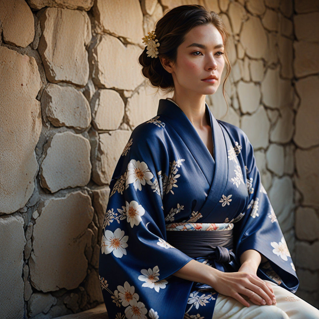 Elegant Portrait of a Woman in Cobalt Blue Kimono