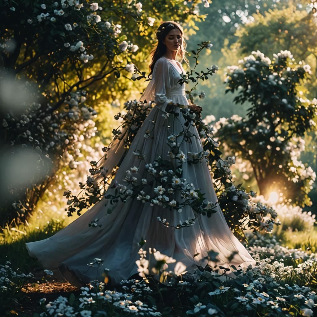 A Young Bride Strolls Through a Vibrant Summer Garden in Sof...