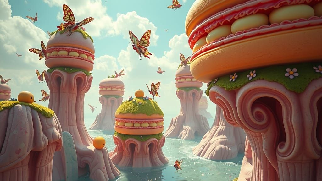 Surreal Floating Islands in Candy-Floss Sky