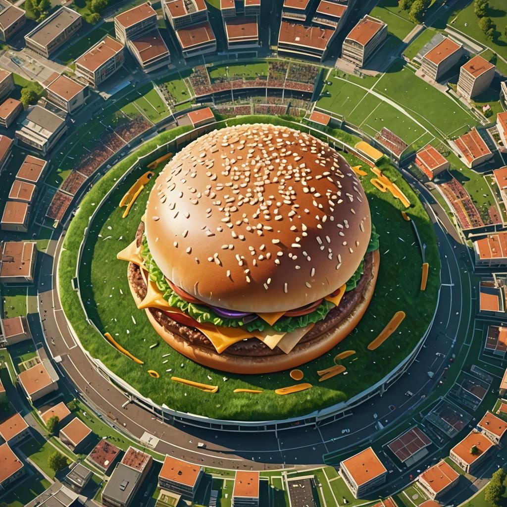 Giant Hamburger Floating Over Stadium: Digital Art
