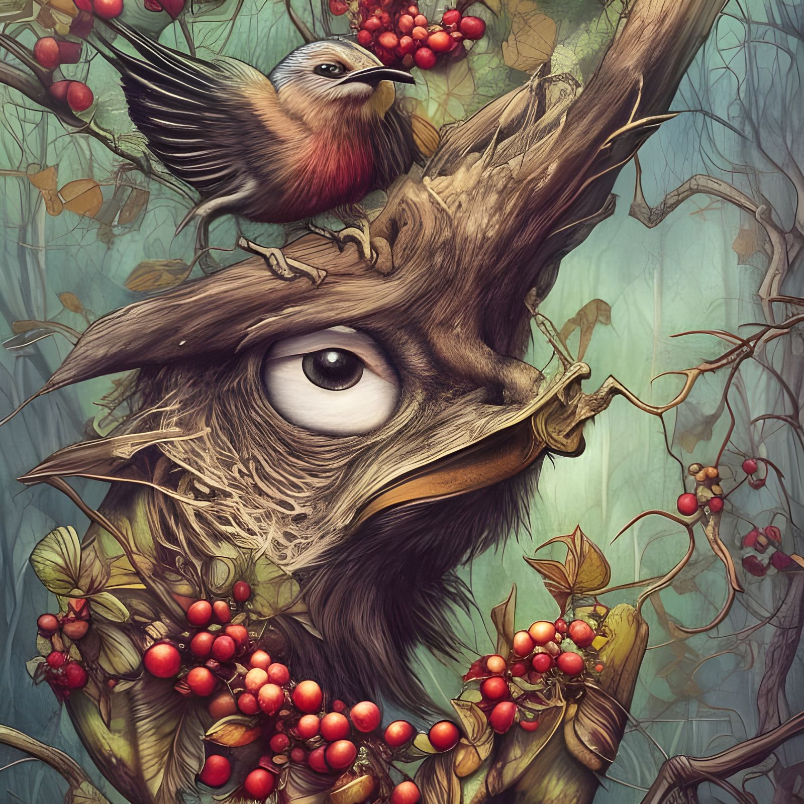 Enchanted Forest Bird, Watercolor Fantasy Art