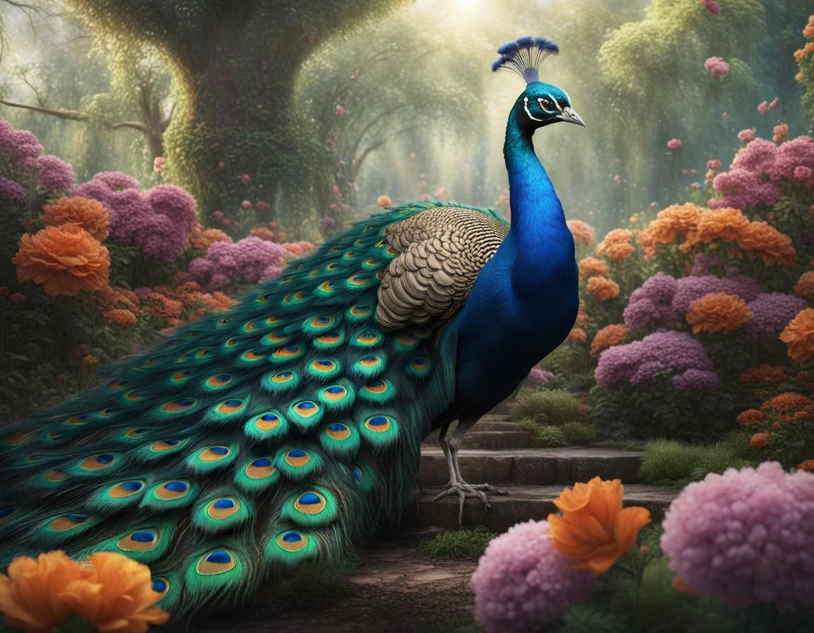 Peacock Displaying Feathers in Full Bloom: Detailed Matte Pa...