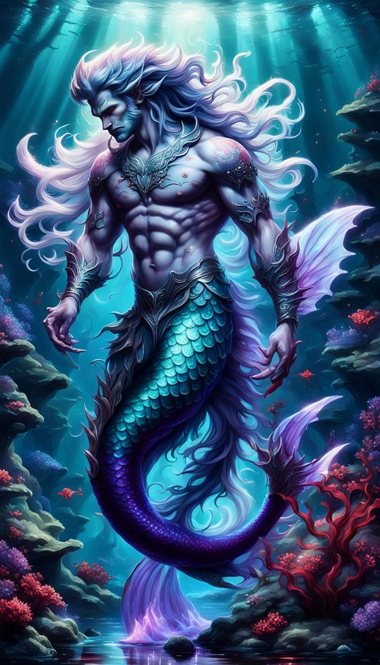 Bioluminescent Merman in Misty Moonlight Fantasy Scene