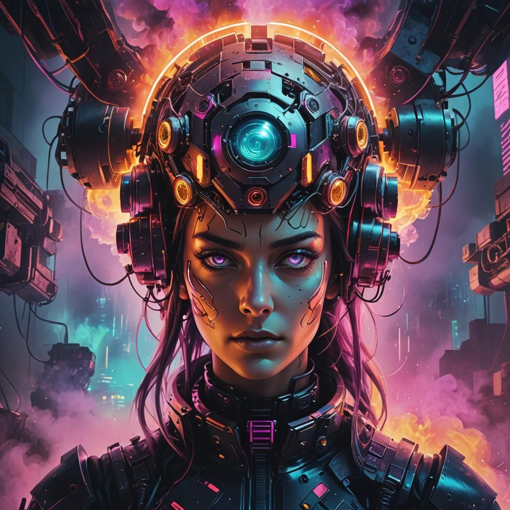 Cybernetic Hacker Stares into Mechanical Abyss: Synthwave Ne...