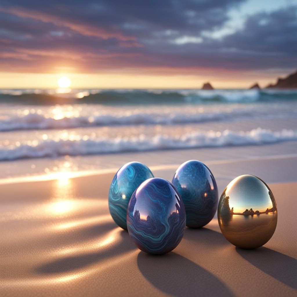 Metallic Marble Eggs on Beach at Sunset