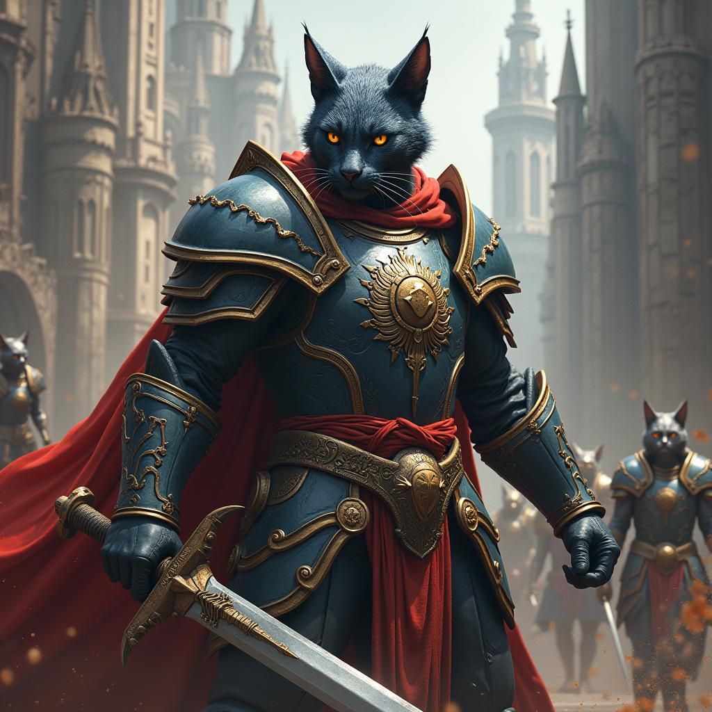 Armored Cat Warrior in Medieval Cityscape