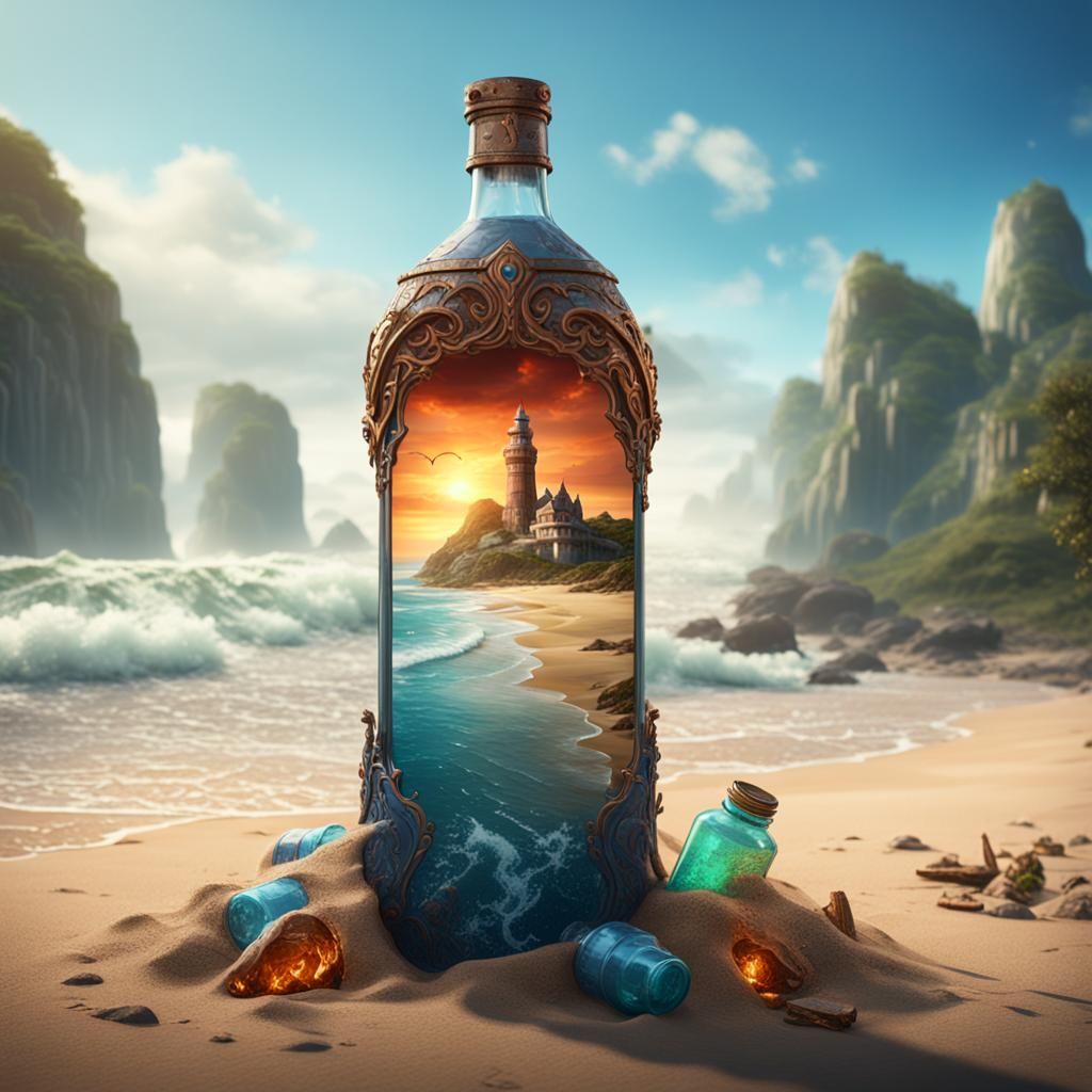 Giant Bottle on Beach: Detailed Matte Painting
