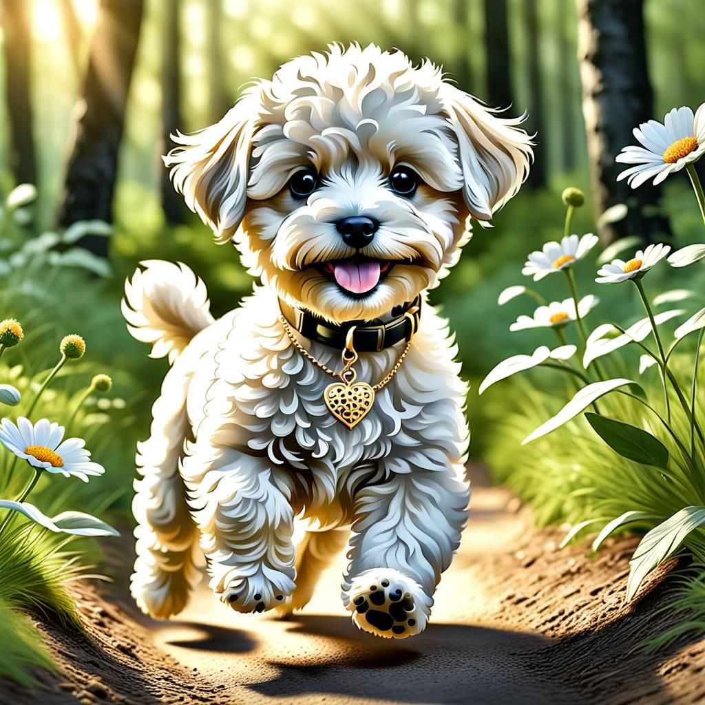 Adorable Maltipoo Puppie Explores Forest with Friends