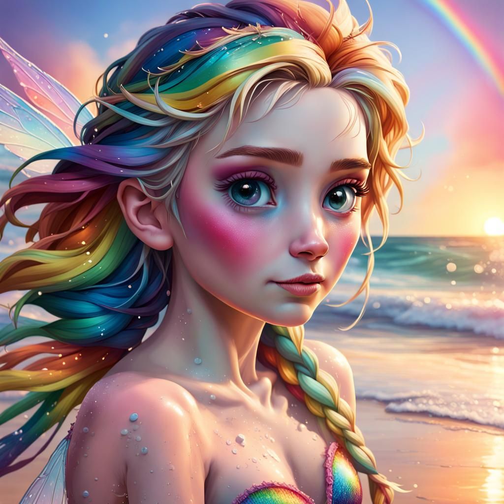 Hyperrealistic Rainbow Fairy Elsa at Sunset