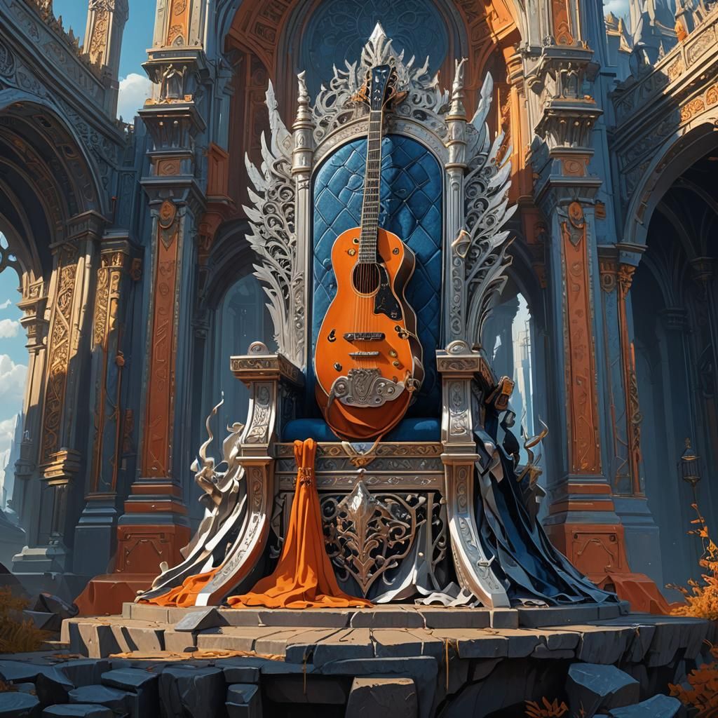 Silver Throne and Guitar in Fantasy Kingdom