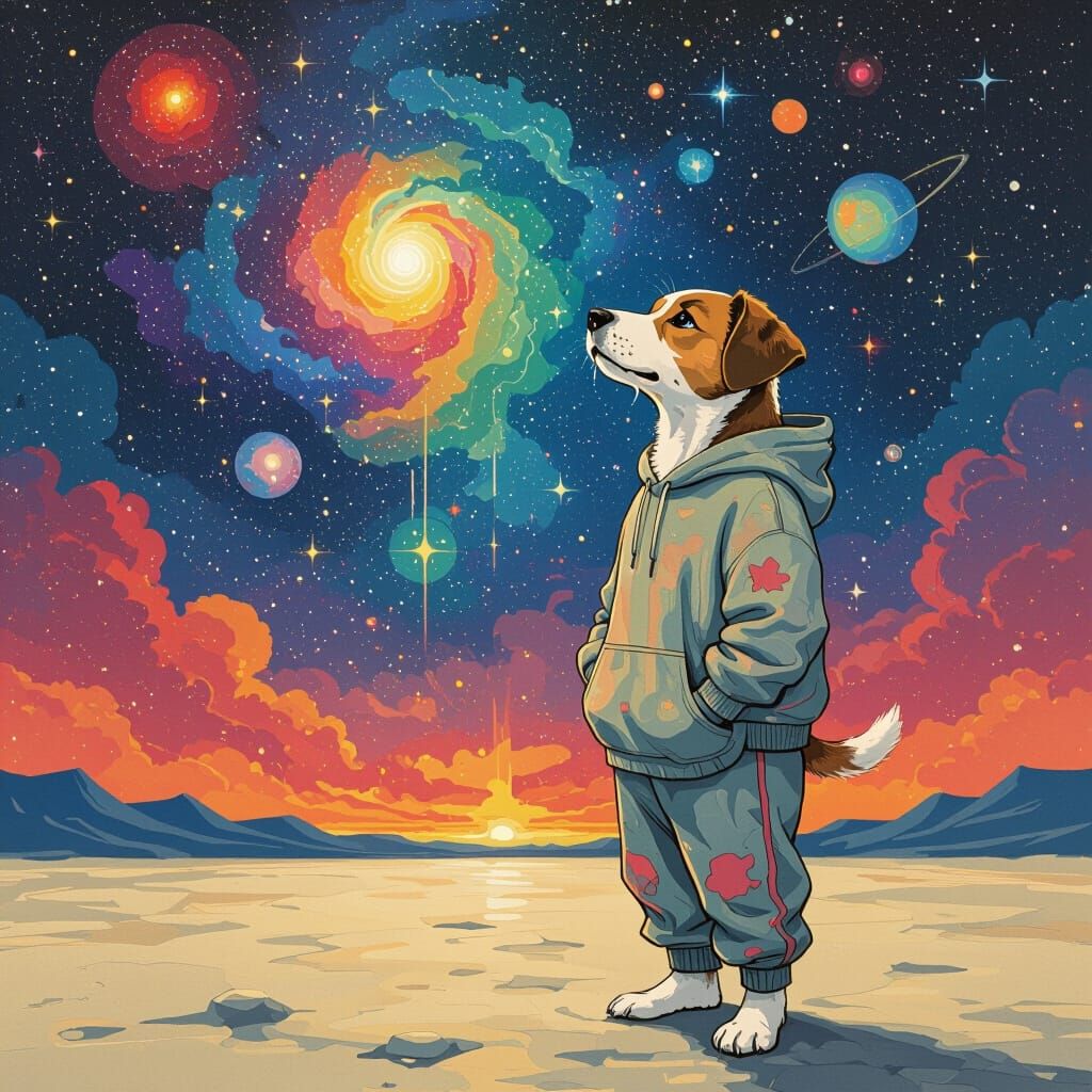 Dog Contemplates Universe in Abstract Expressionist Style
