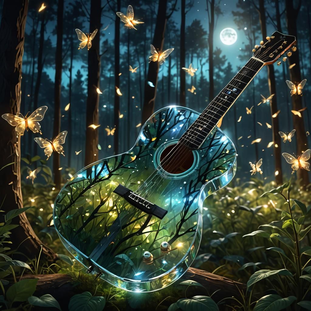 Guitar, night forest