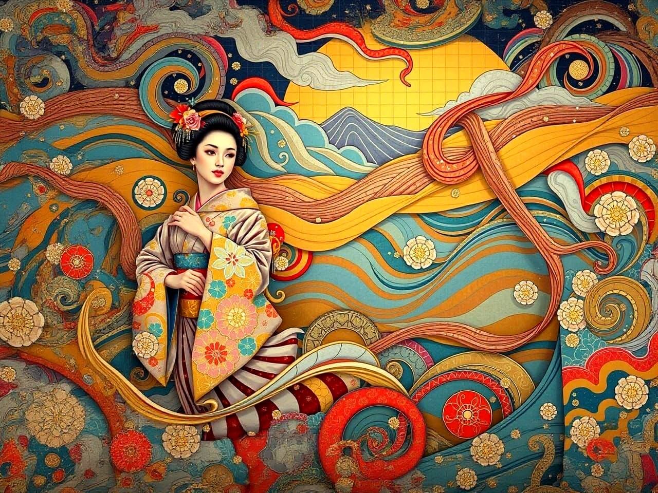 Geisha in Kimono with Gold Leaf Layers
