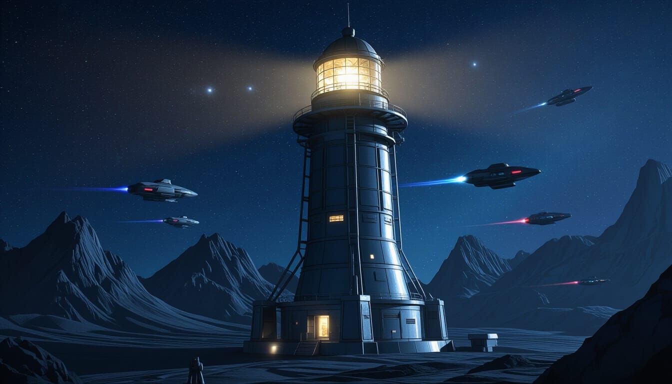 Space Lighthouse in Deep Space With Space Boats