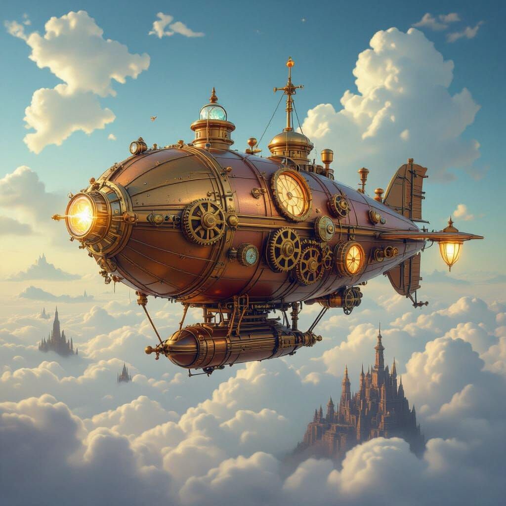 Steampunk Airship with Crystal Core in Retro-Futuristic Styl...