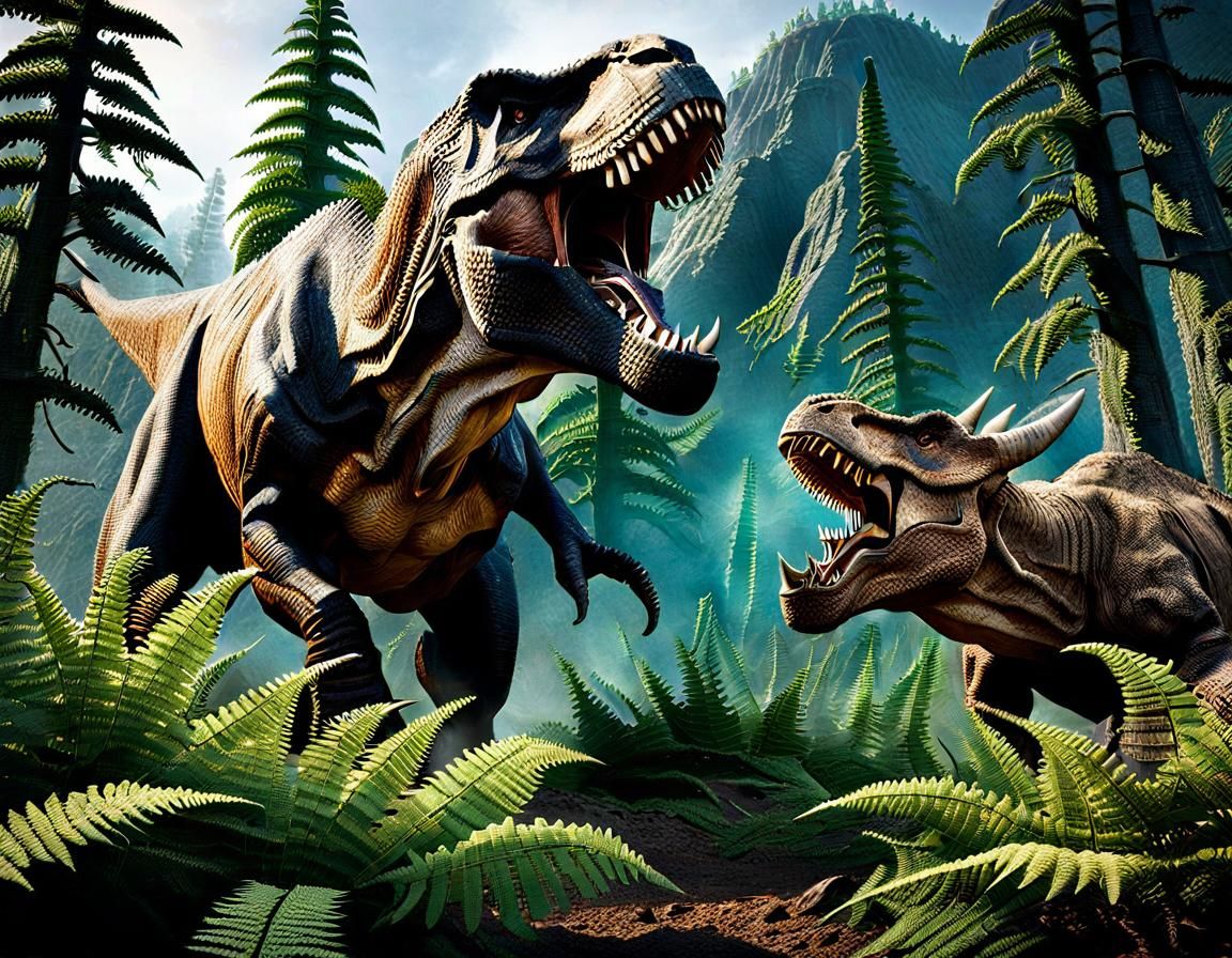 Dinosaurs Battle in a Prehistoric Landscape