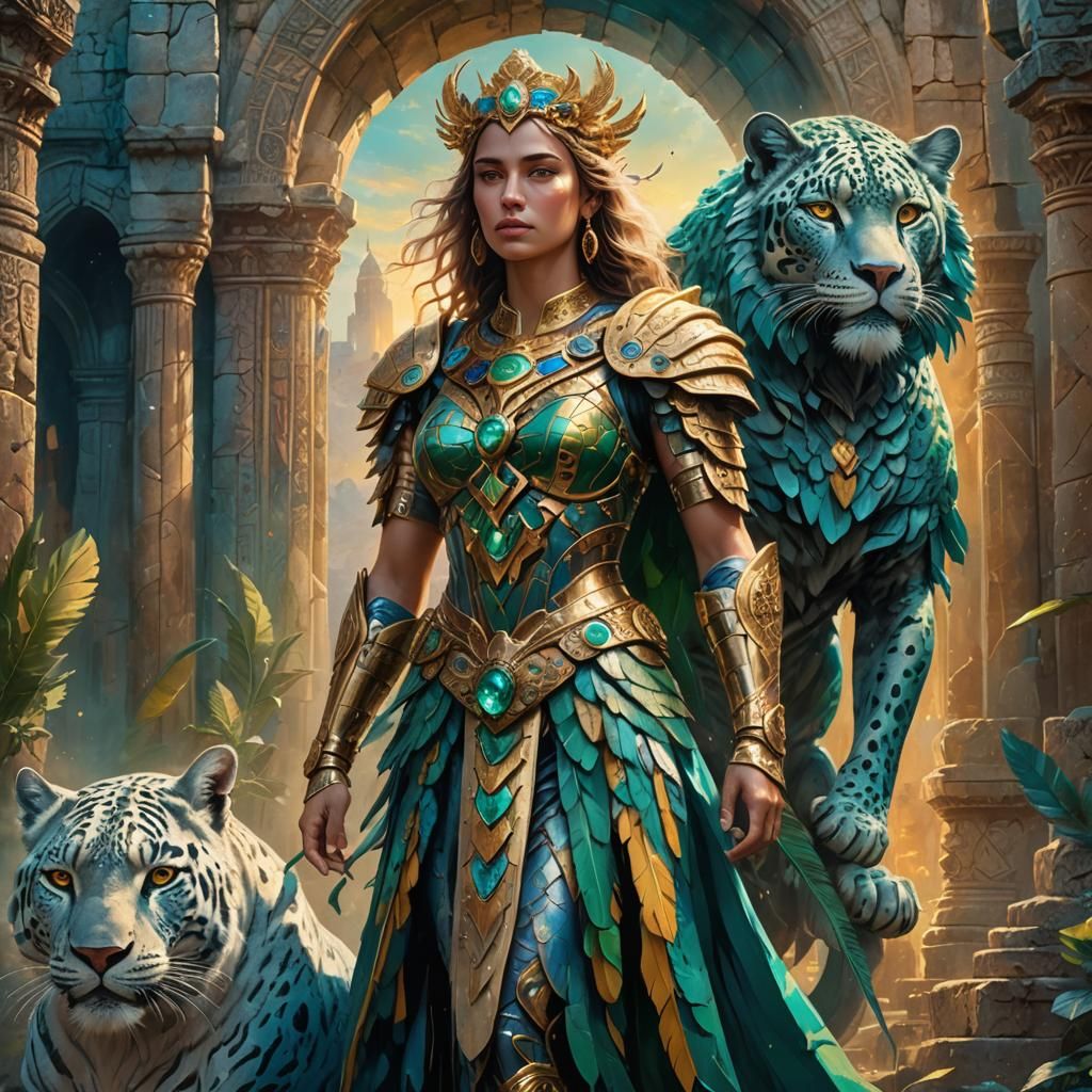 Angelic Jaguar in Mystical Ruins: Fantasy Illustration