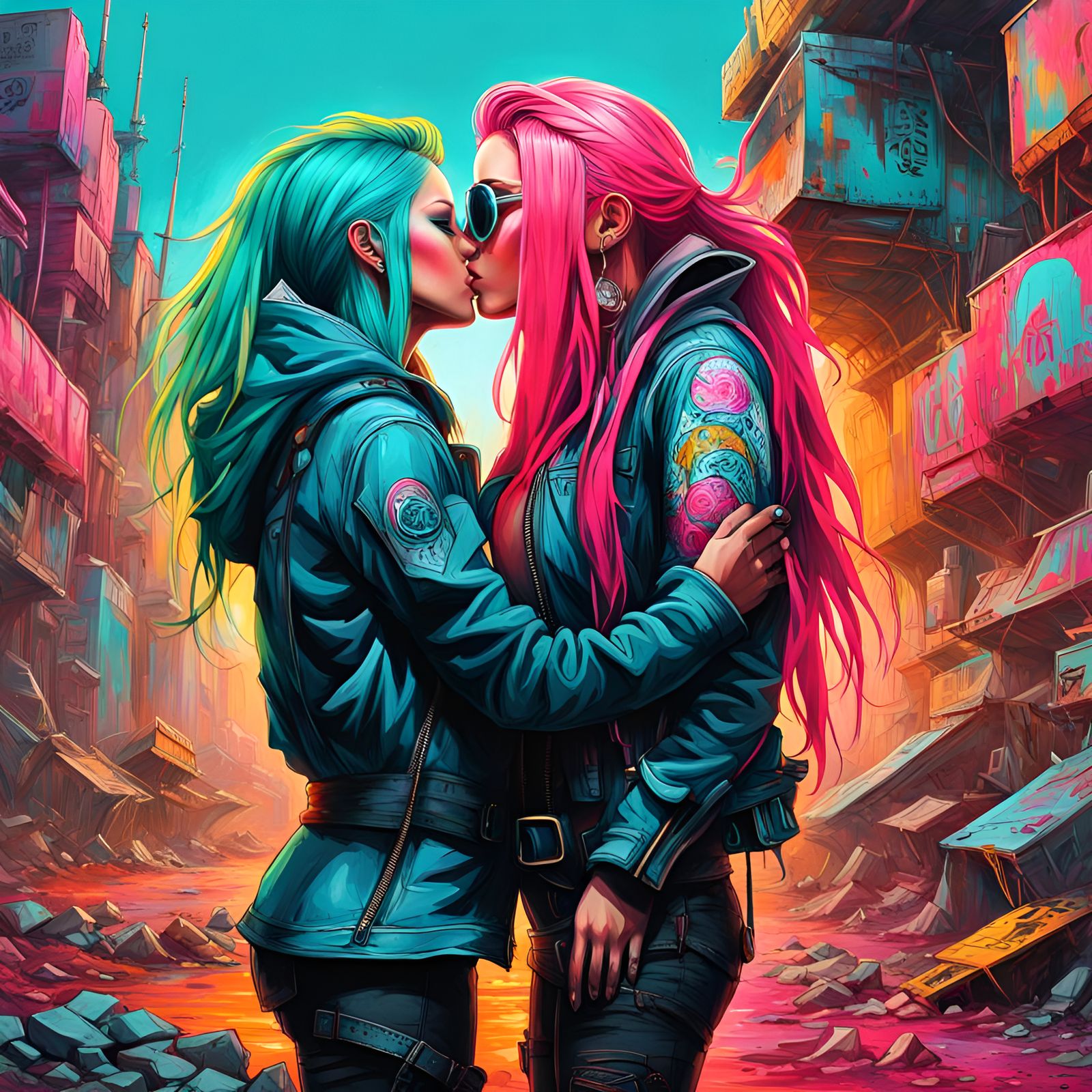 Cyberpunk Kiss in Post-Apocalyptic Wasteland