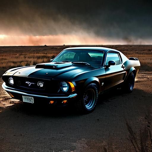 Heavily Armed Black Mustang in Post-Apocalyptic Landscape