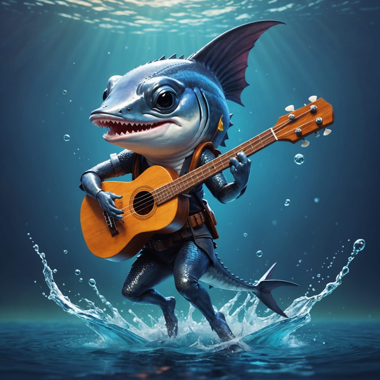 Swordfish Plays Ukulele in Hyperrealistic Splash Art