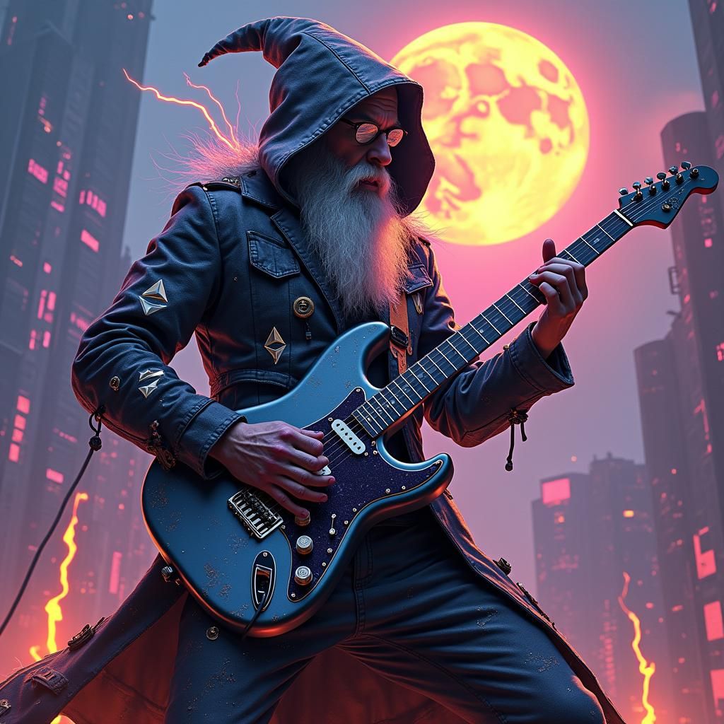 Cyberpunk Wizard Shreds in Dystopian Metropolis