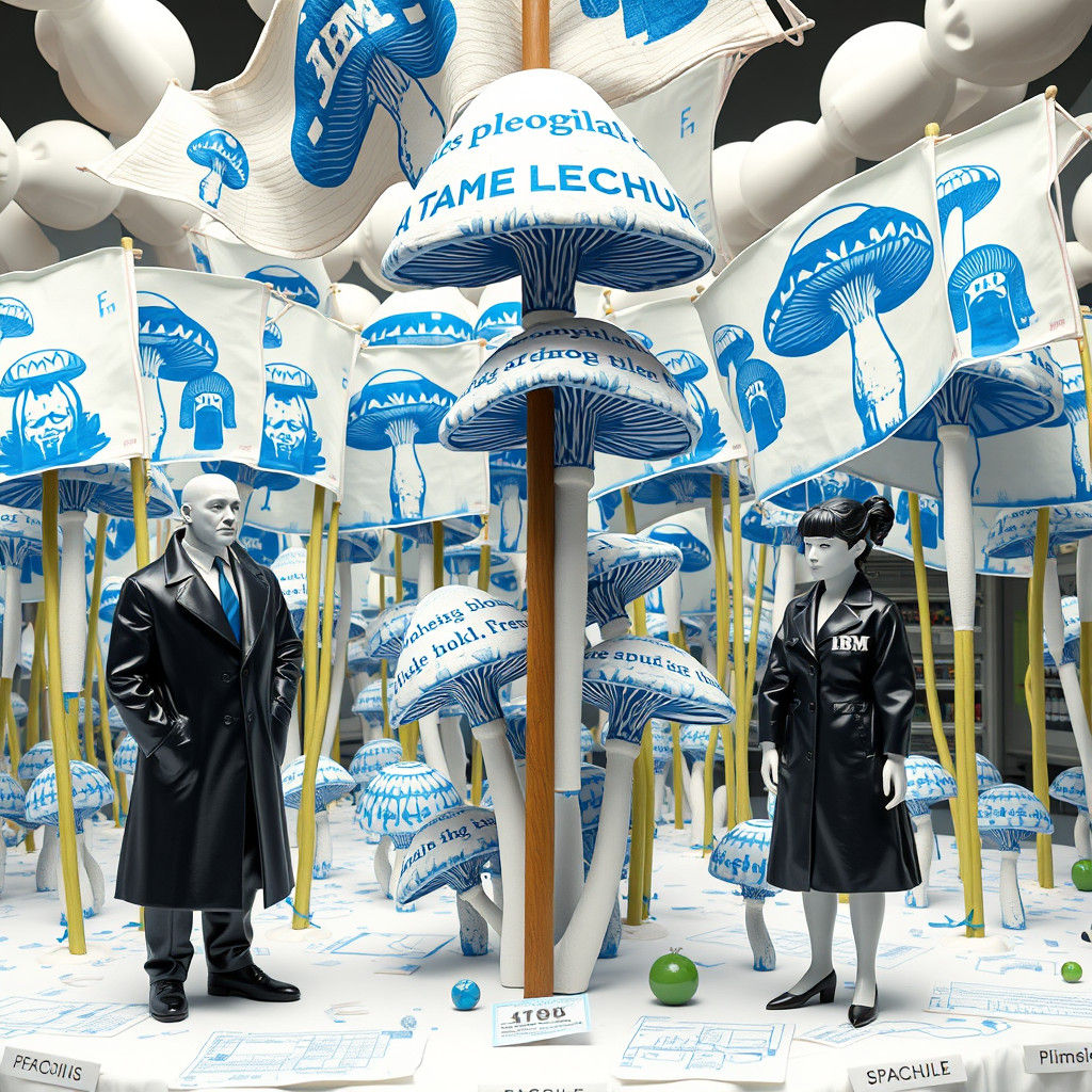 Porcelain Bureaucrats Counting Giant Mushrooms in Surreal Sc...