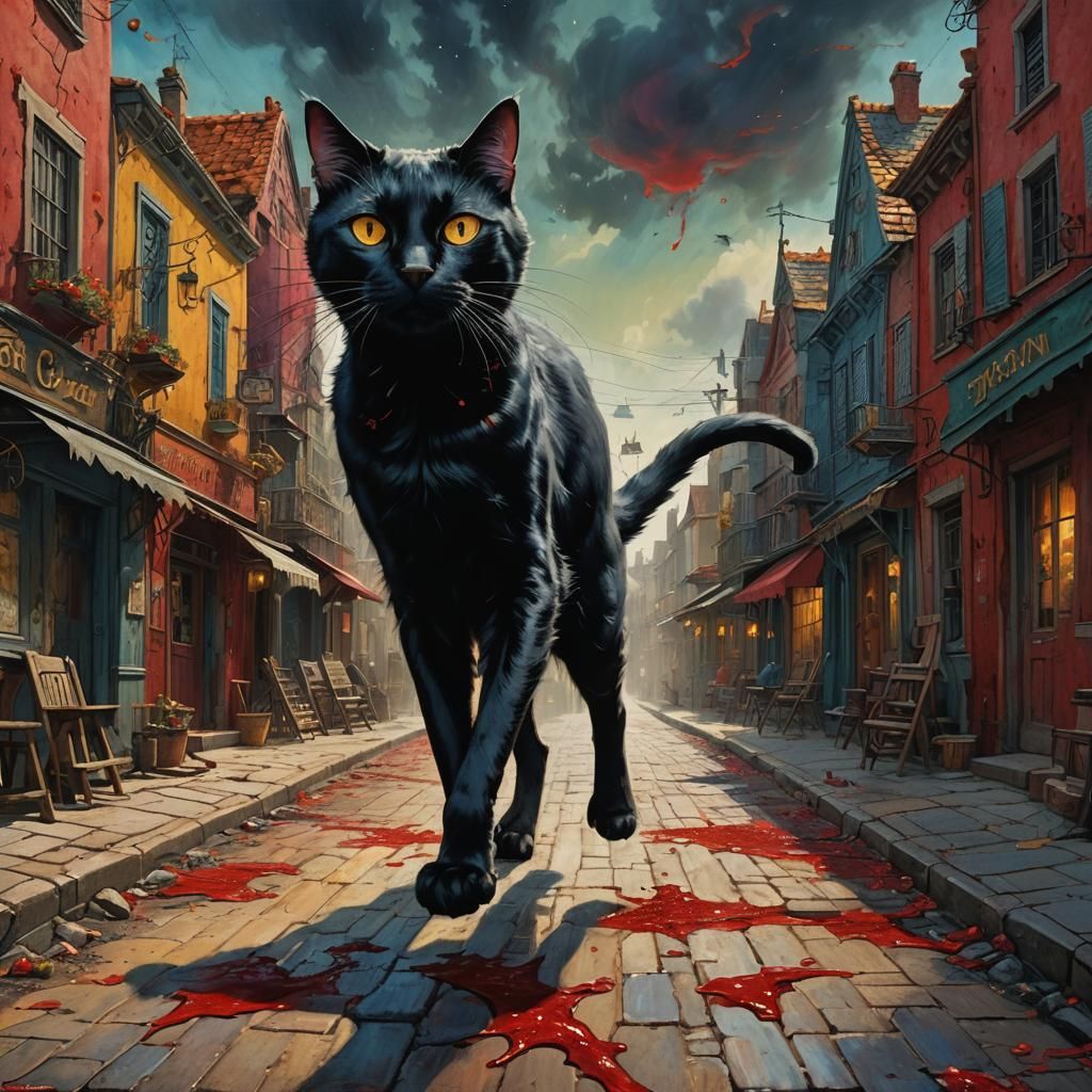 Black Cat in Town Inspired by Dark Fantasy Art