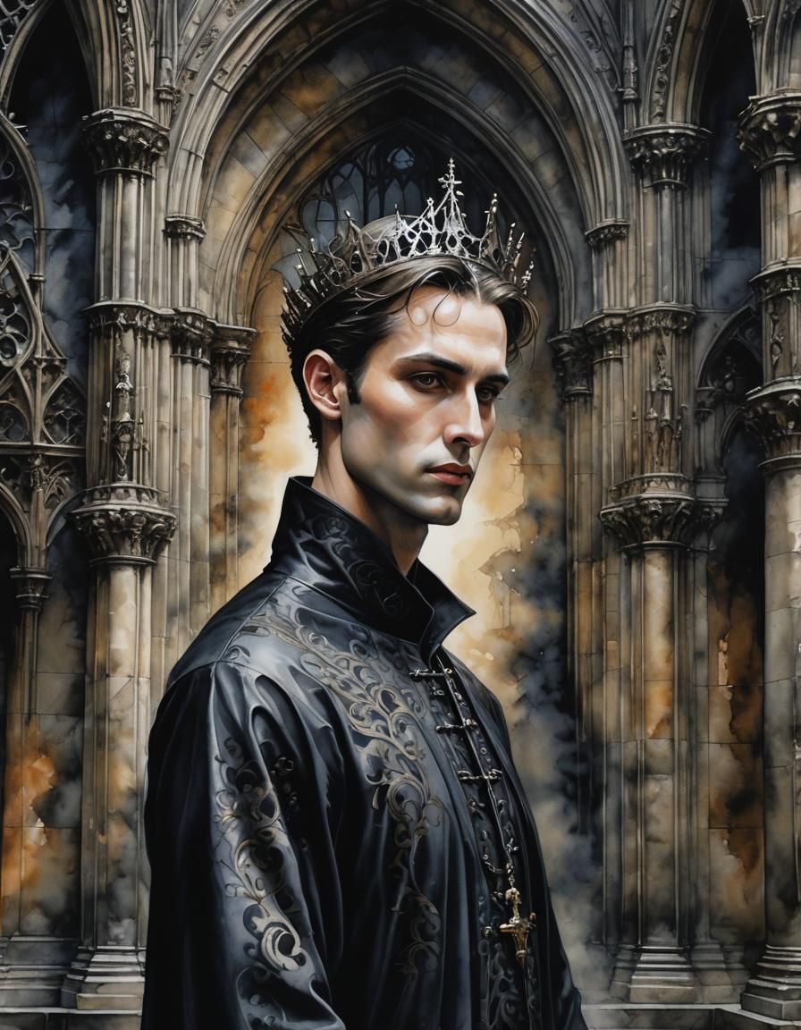 Gothic Cathedral Prayer in Dark Watercolor