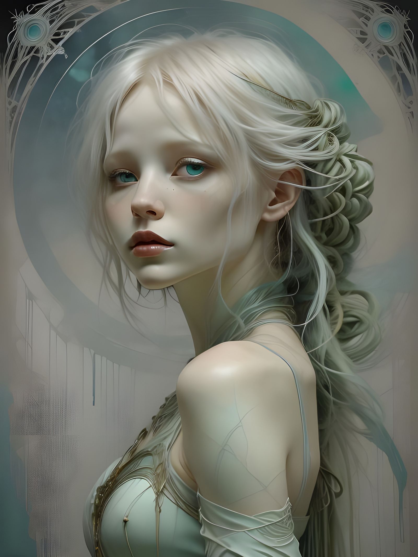 Albino Woman in Cerulean Blue, White and Sage