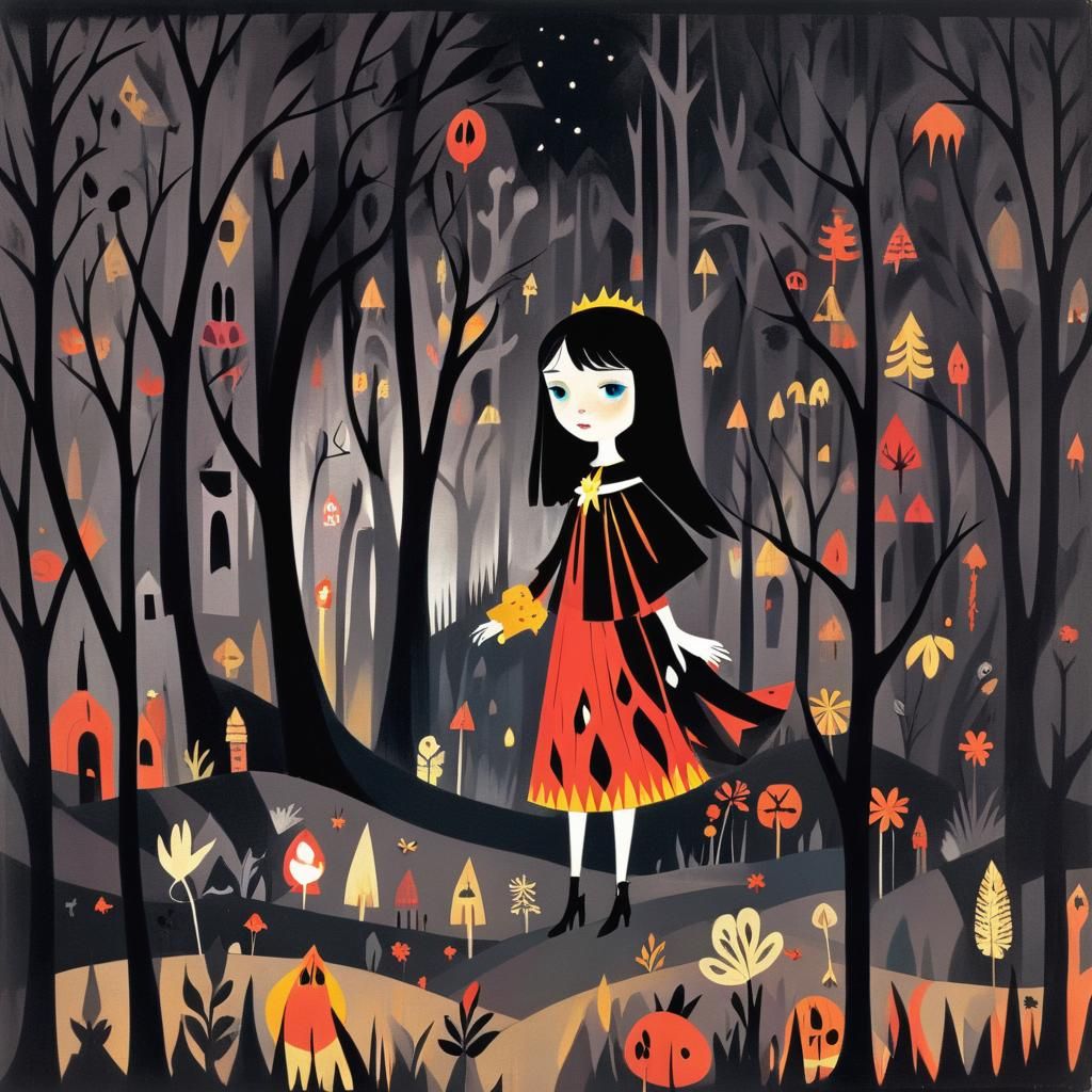 Stylized Grimdark Scene in Mary Blair Style