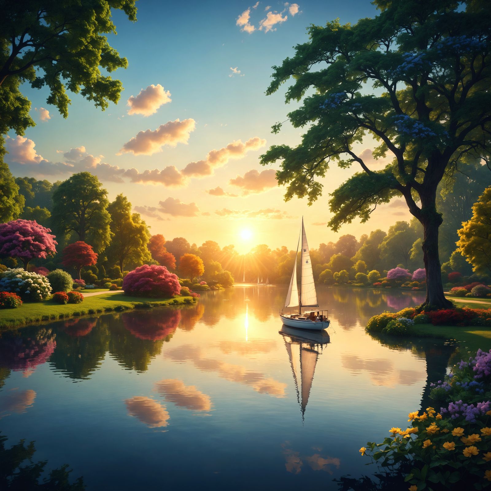 Sailboat on Serene Lake: Digital Matte Painting
