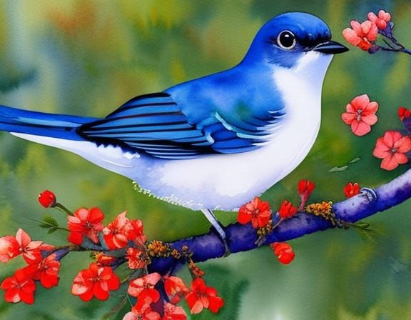 Watercolor Bluebird Portrait with Red Flowers