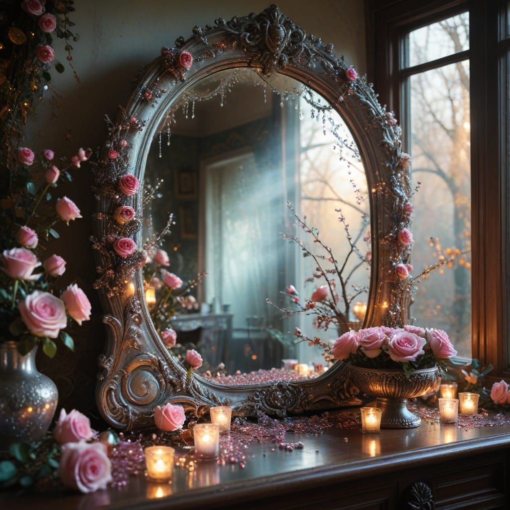 Ornate Mirror Reflecting Fall Forest in Glittering Fantasy