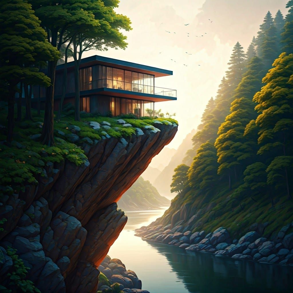 Modern Cliffside House with River View, Photorealistic Art