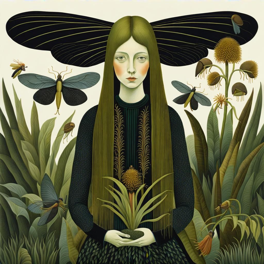Surreal Woman and Fly Magnet Flower Collage