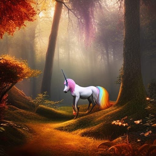 Autumn Unicorn in Magical Forest: Digital Painting