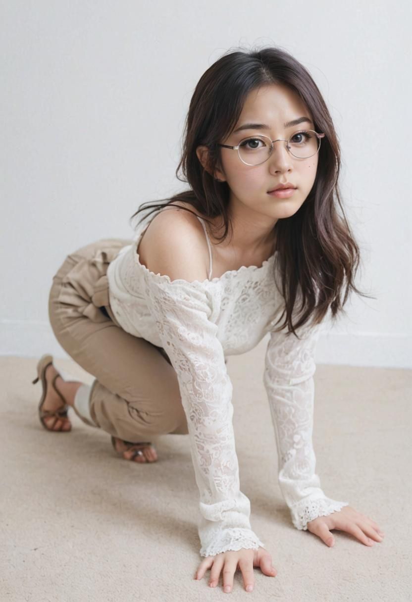 Kneeling Japanese Girl with Glasses