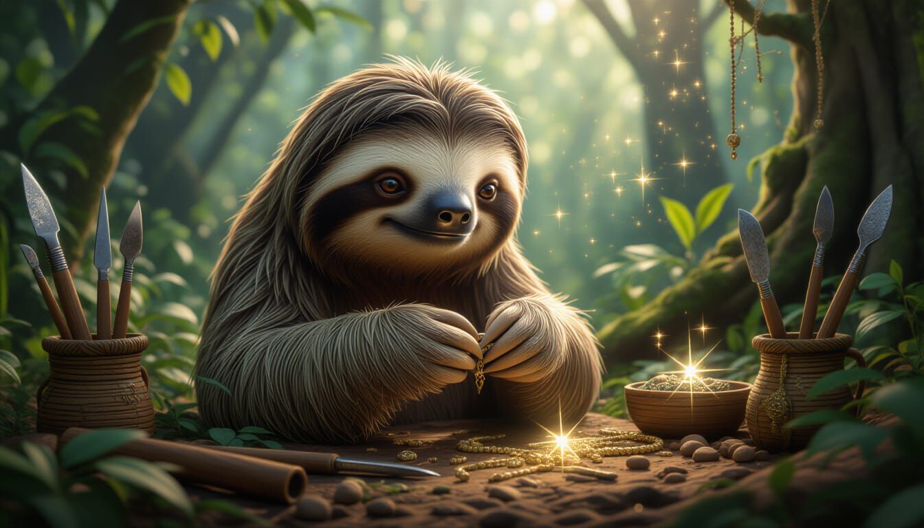 Hyperrealistic Sloth Crafts Jewelry in Enchanted Forest