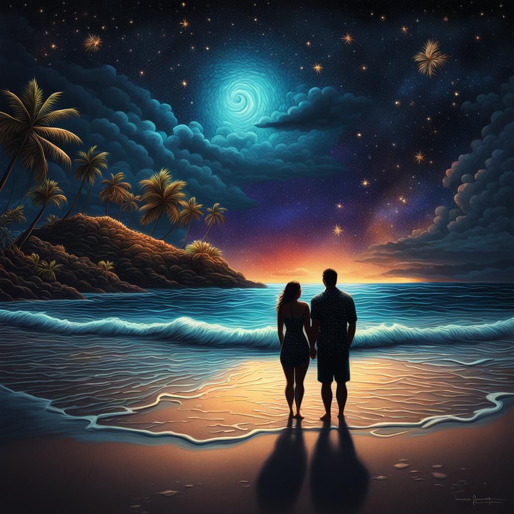 Romantic Hawaiian Beach Scene at Night