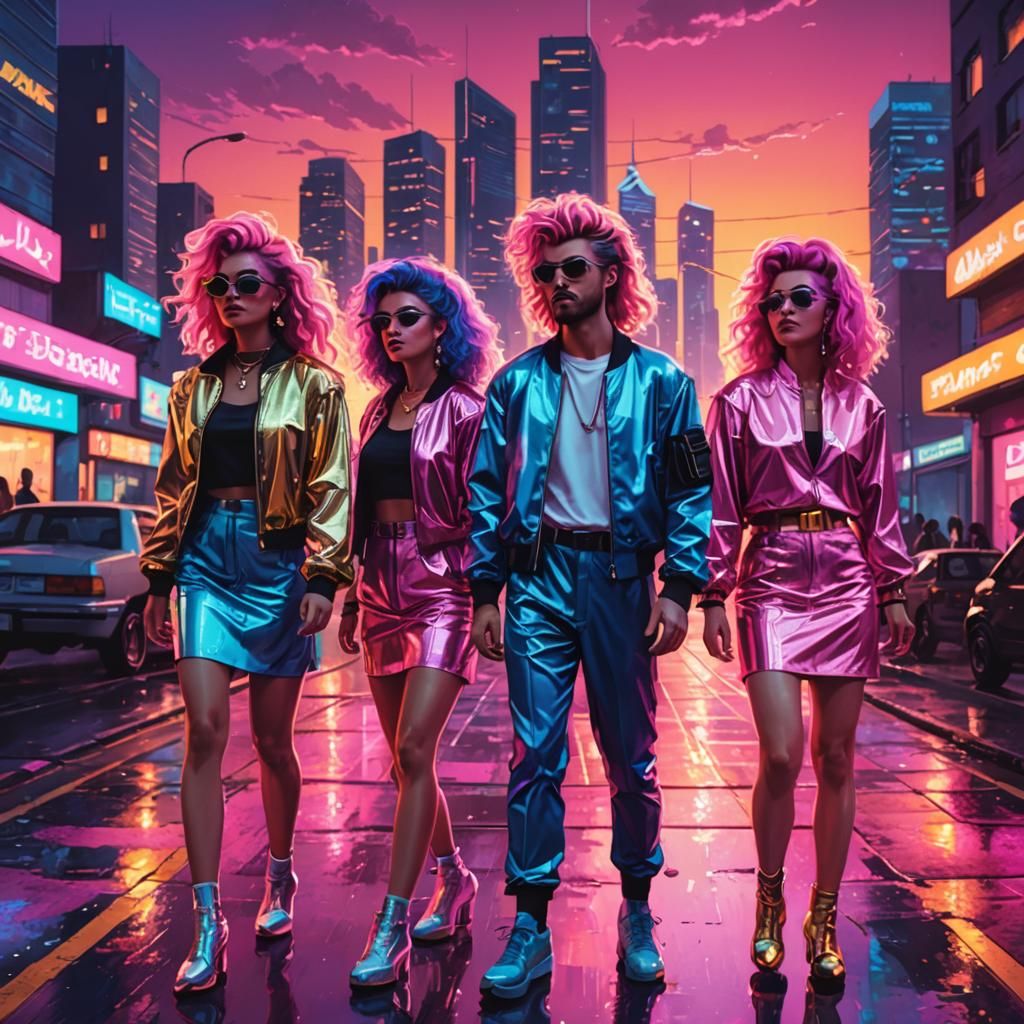 Synthwave Musicians in Retro Cityscape at Sunset