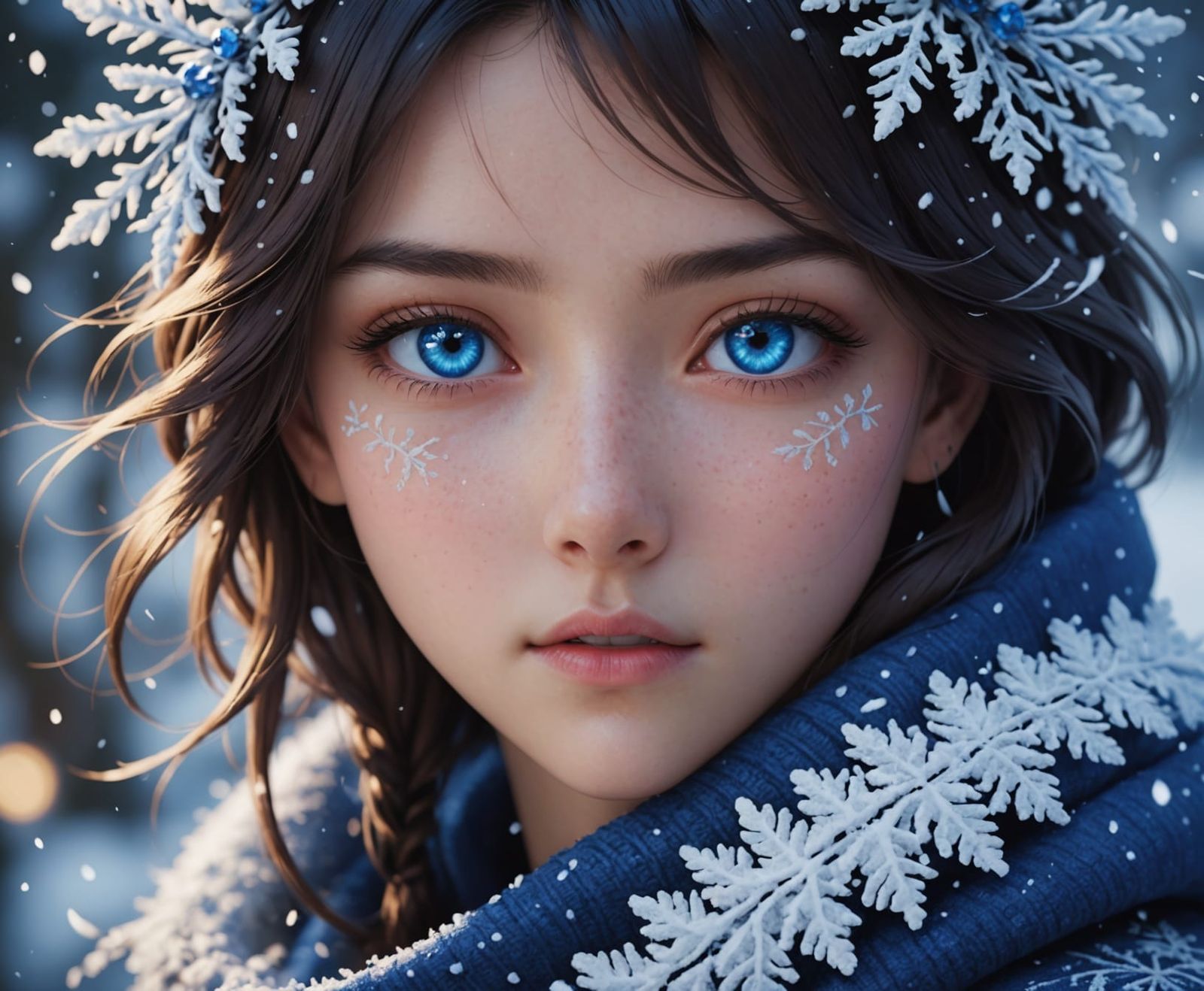 A Glowing Blue Eye with Snowflake Iris in Cyberpunk Style