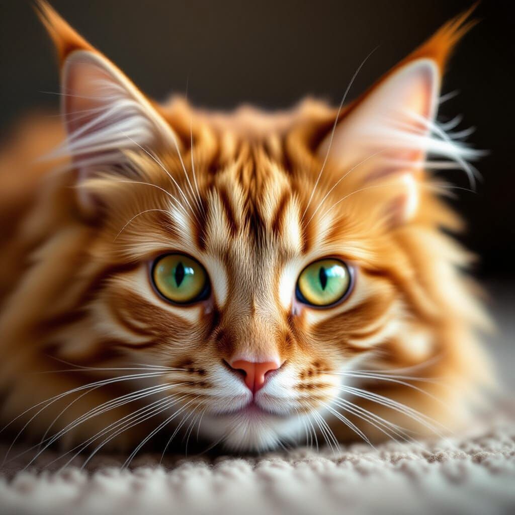 Fluffy Ginger Cat Face Up Close in Studio Lighting