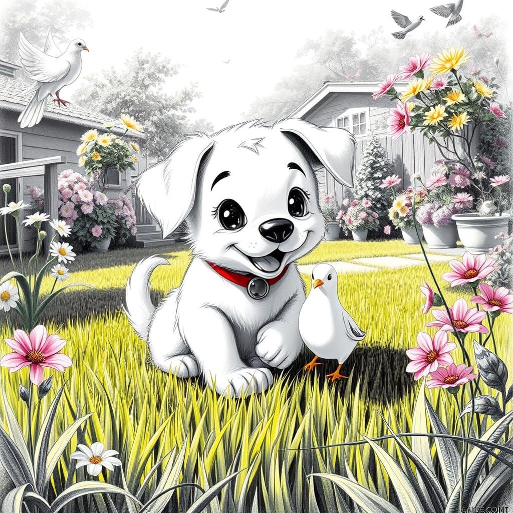 Playful Puppy and Dove in Whimsical Pencil Sketch