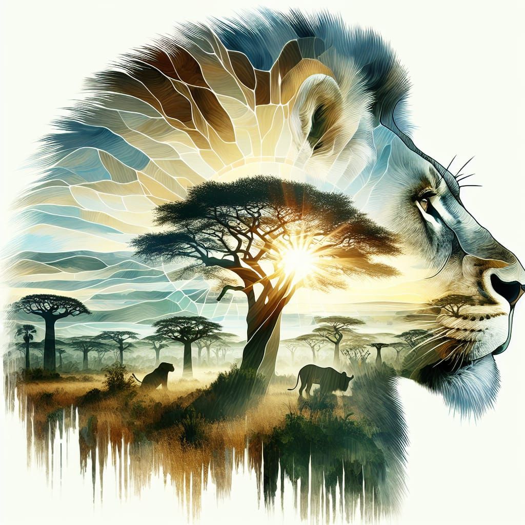 Stained Glass Lion Profile: African Savanna Double Exposure