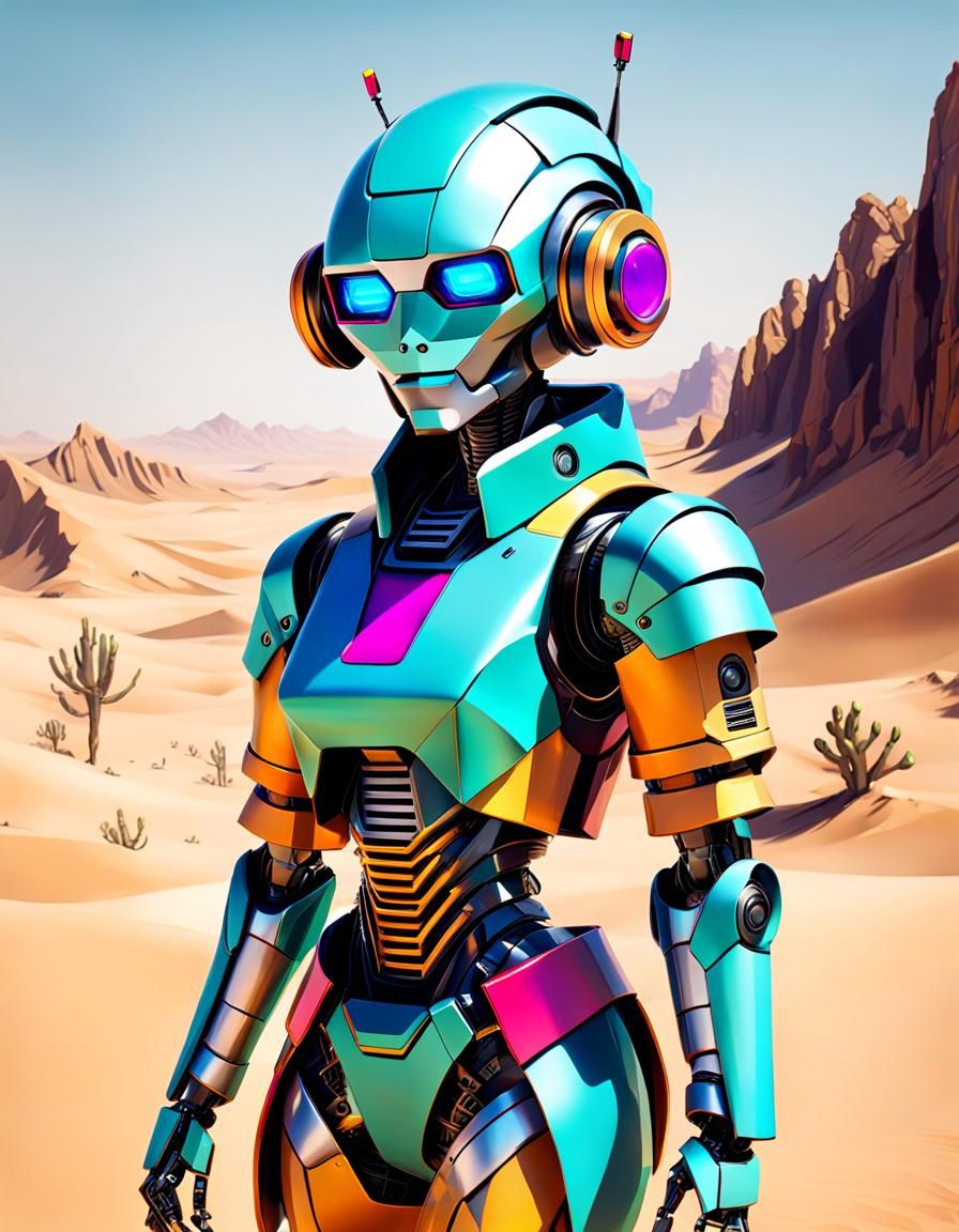 Futuristic Robot Fashionista in Desert Landscape